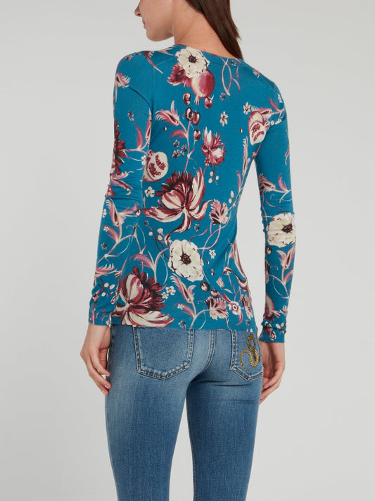 Blue Floral Print V-Neck Top