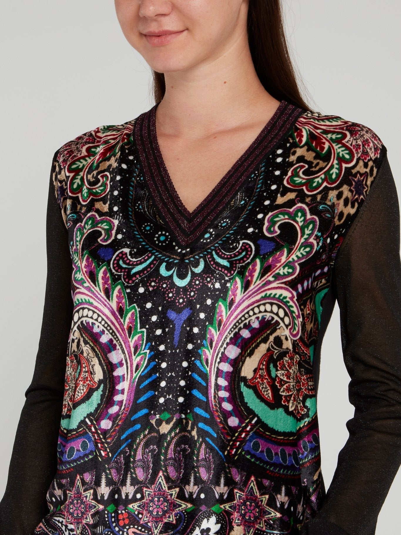 Black Paisley Print Stripe Edge Top