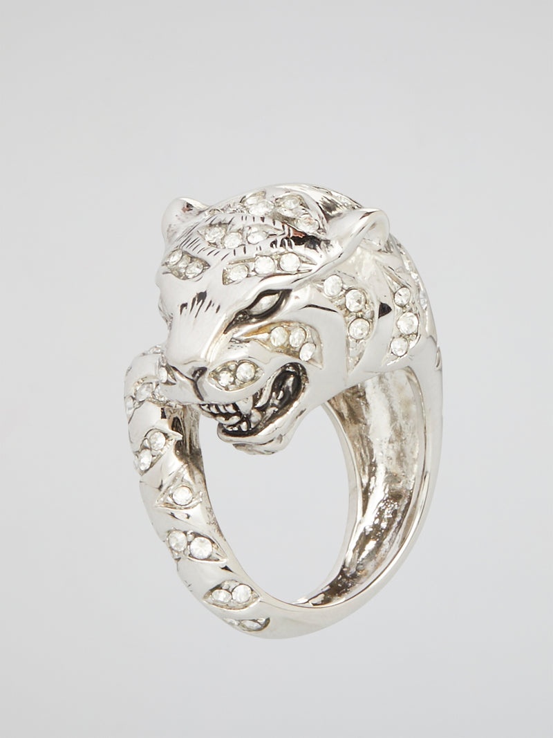 Silver Crystal Studded Panther Head Ring