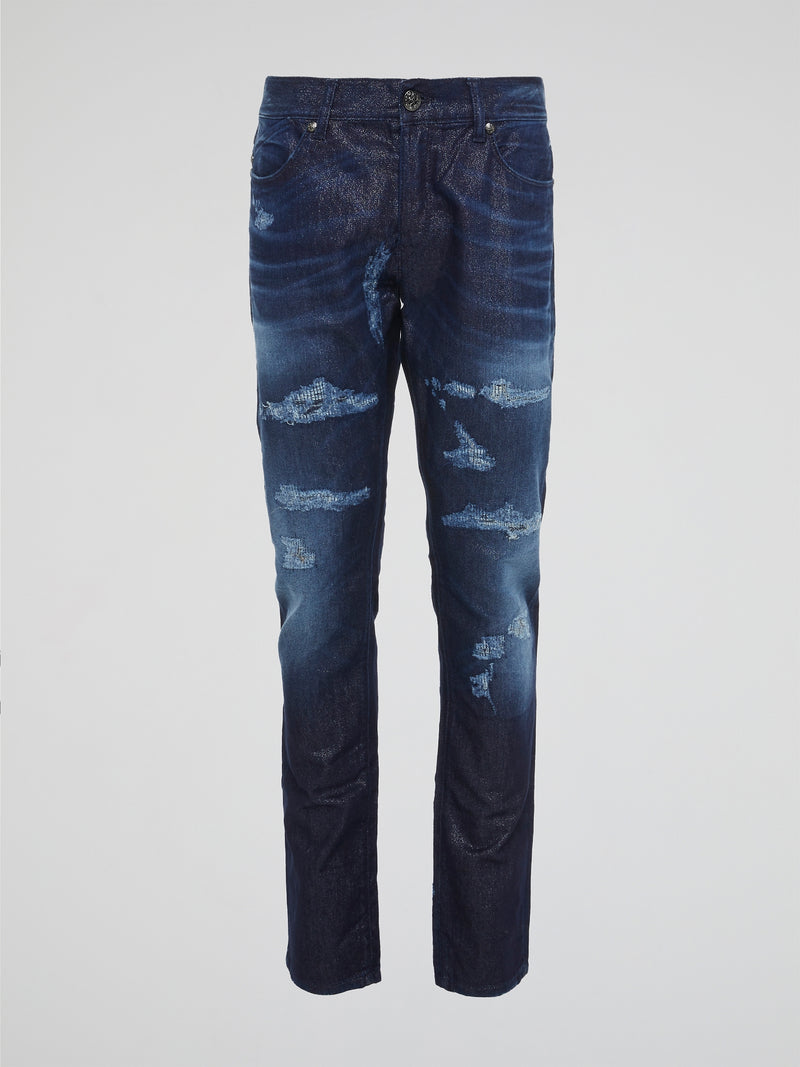 Experience the ultimate in denim luxury with our Navy Distressed Slim Fit Jeans by Roberto Cavalli. Crafted with precision and attention to detail, these jeans are a work of art, combining edgy distressing with a sleek slim fit silhouette. Make a bold fashion statement with these versatile jeans that will take you from day to night in style.