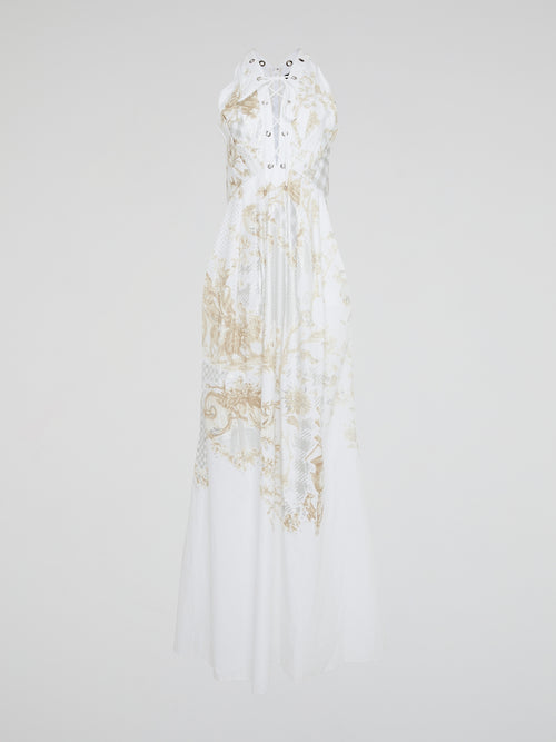 Feel like a modern-day goddess in this ethereal White Printed Lace Up Maxi Dress by Roberto Cavalli. The intricate lace detailing and flattering silhouette will make you stand out at any event or special occasion. Embrace your inner fashionista and leave a lasting impression in this stunning and unforgettable piece.