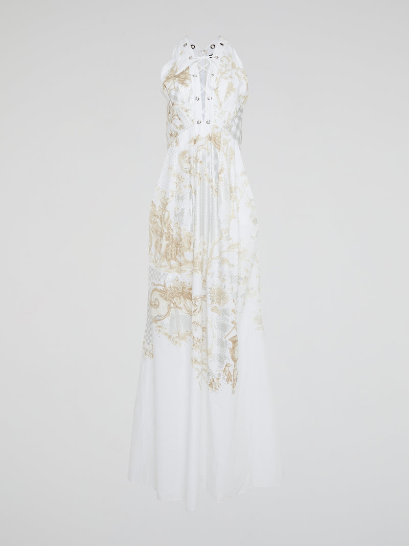 Feel like a modern-day goddess in this ethereal White Printed Lace Up Maxi Dress by Roberto Cavalli. The intricate lace detailing and flattering silhouette will make you stand out at any event or special occasion. Embrace your inner fashionista and leave a lasting impression in this stunning and unforgettable piece.