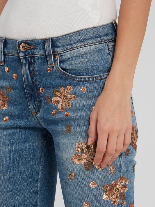 Blue Sequin Detail Skinny Jeans