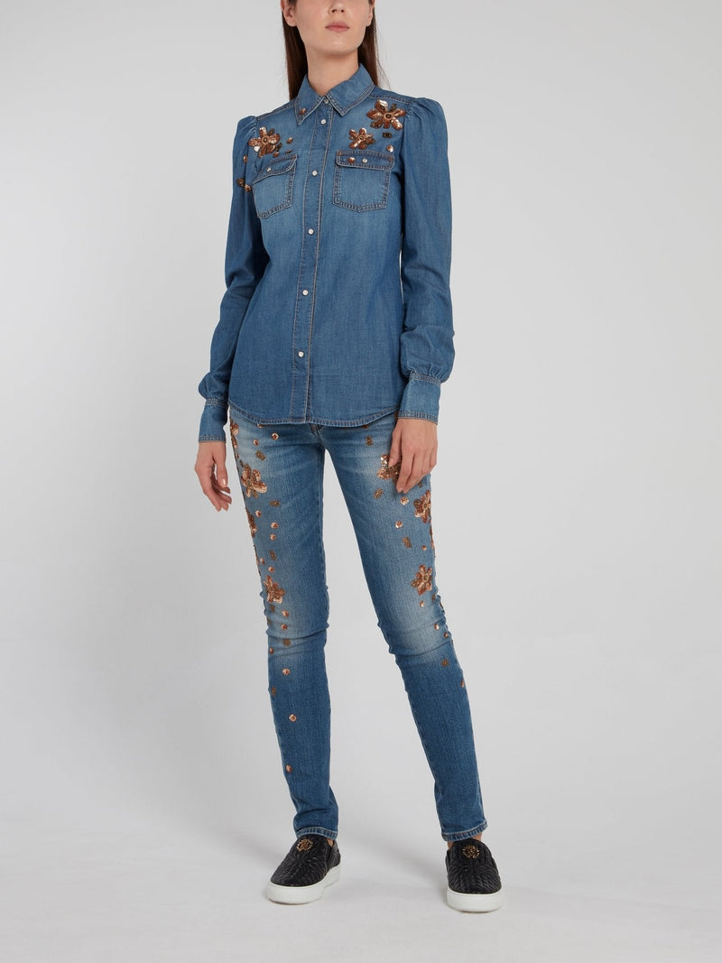 Blue Sequin Detail Skinny Jeans