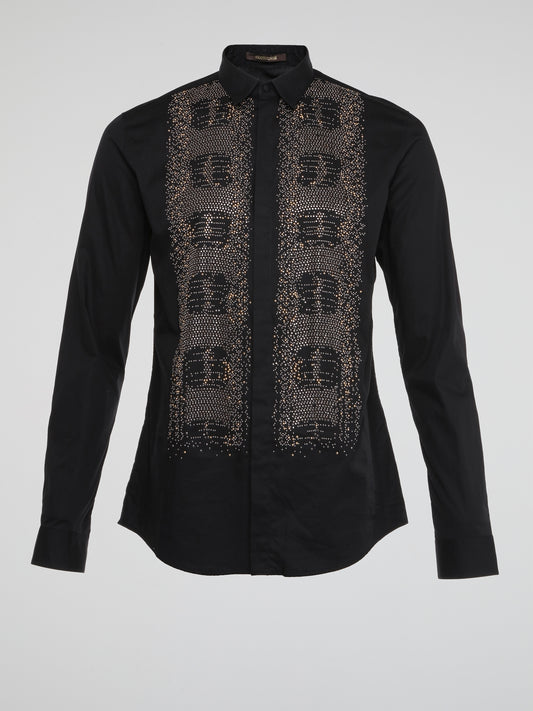 Feel fierce and fashion-forward in the Black Studded Long Sleeve Shirt by Roberto Cavalli. This edgy top is perfect for making a statement with its bold studs and sleek silhouette. Command attention and turn heads wherever you go in this must-have wardrobe staple.