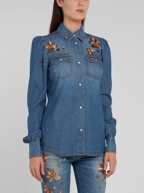 Sequin Detail Puff Sleeve Denim Shirt