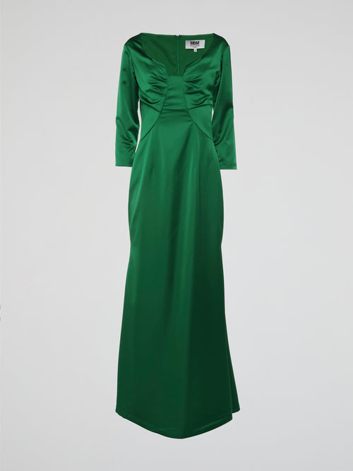 Green V-Neck Long Sleeve Evening Dress