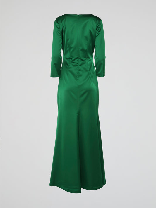 Green V-Neck Long Sleeve Evening Dress