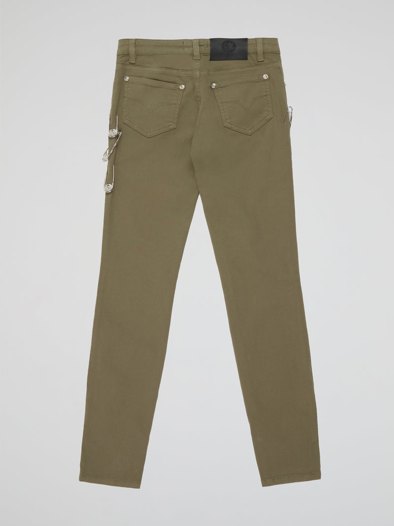 Step into effortless style and timeless elegance with the Olive Straight Cut Pants by Versus Versace. Crafted from luxurious olive green fabric, these pants feature a flattering straight-leg silhouette that elongates the legs and accentuates your curves. Whether paired with a crisp white blouse for a polished office look or a sleek leather jacket for a night out, these pants effortlessly exude sophistication and flair.