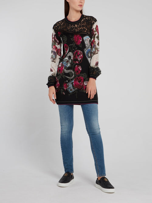 Printed Lace Panel Knitted Pullover