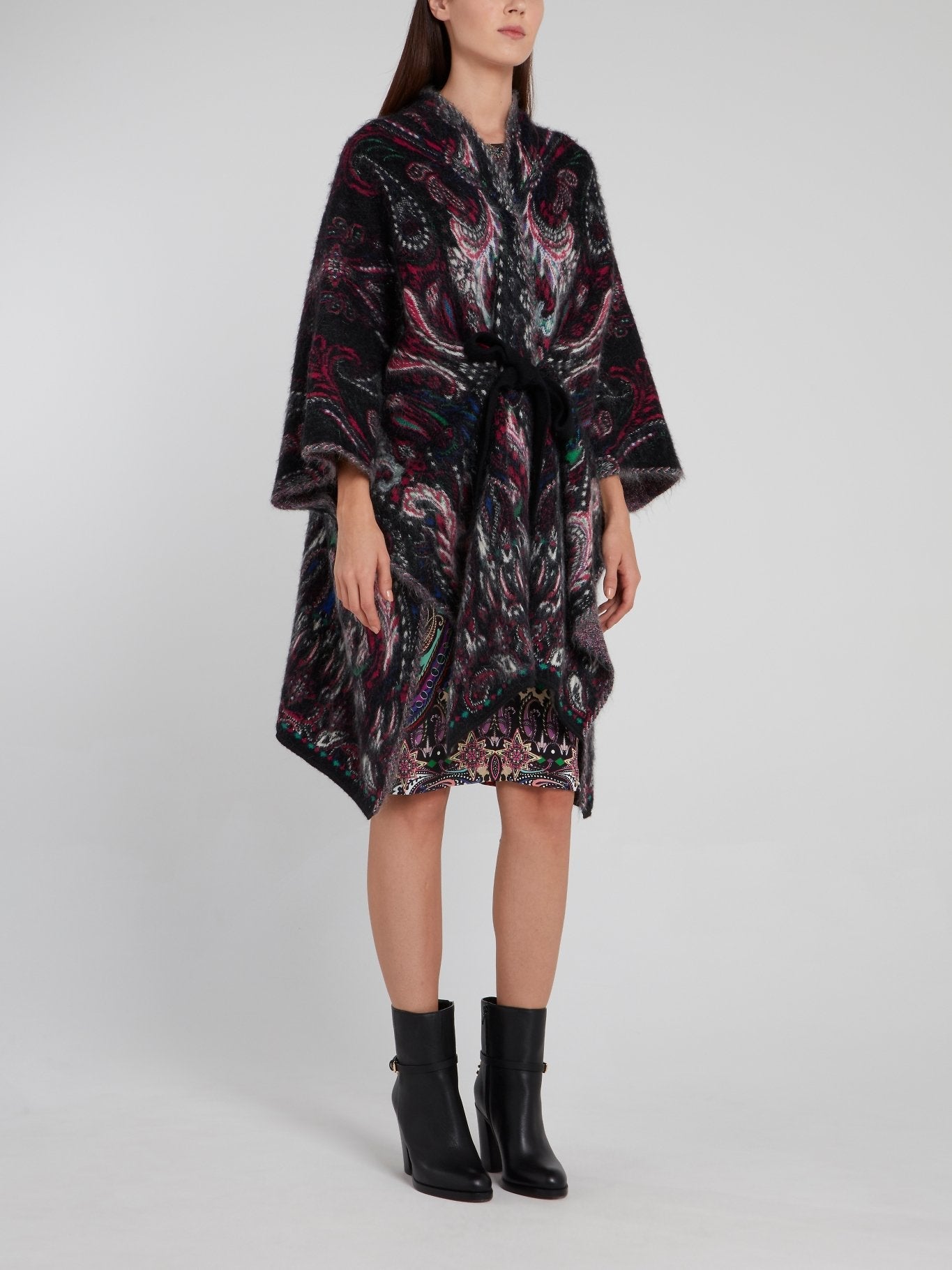 Black Paisley Print Tie Front Coat