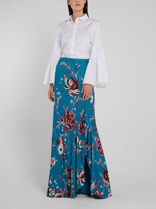 Blue Floral Print Ruffle Maxi Skirt