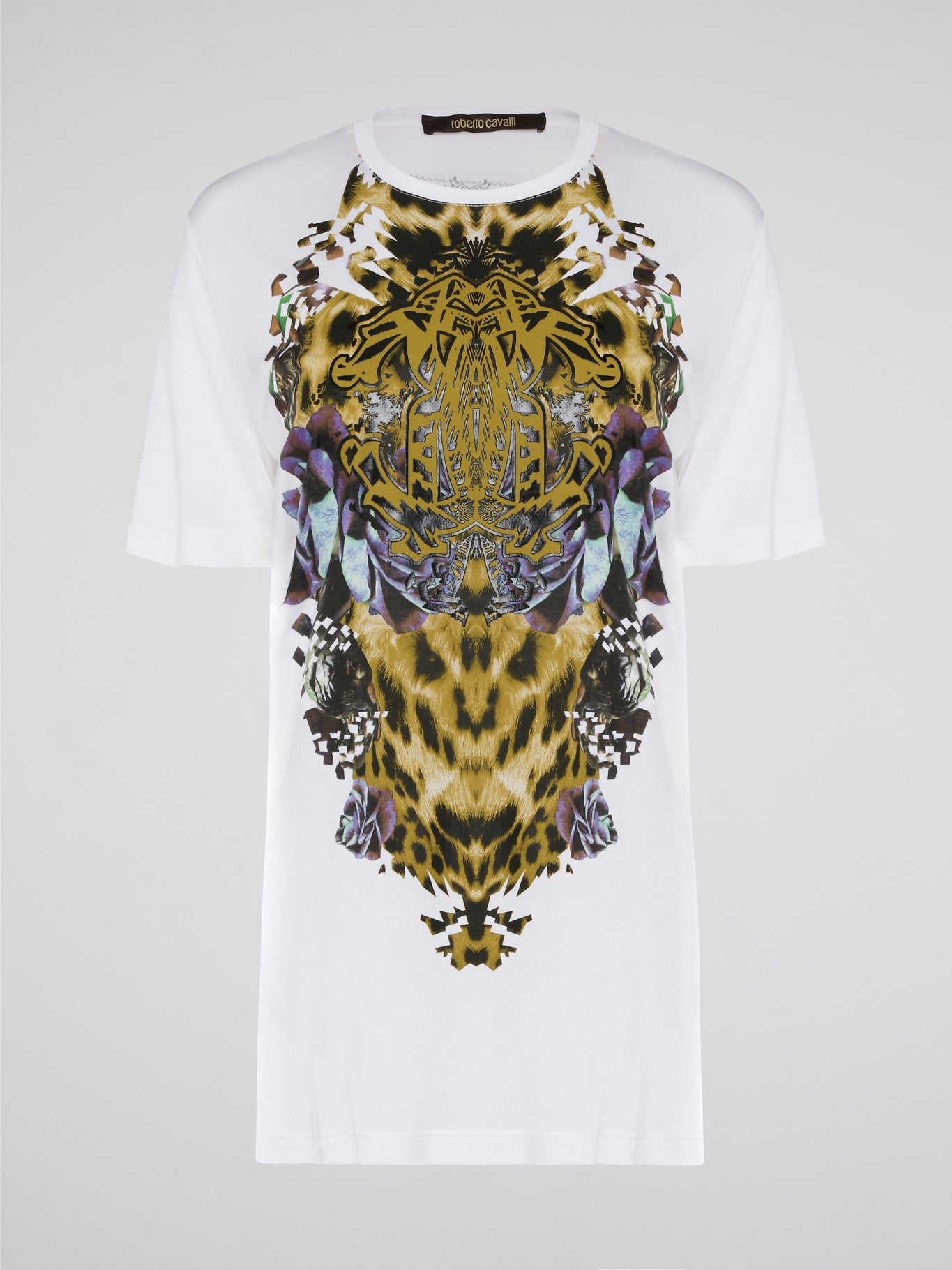 Elevate your casual style with the White Printed Oversized T-Shirt from Roberto Cavalli. Made with premium cotton fabric, this tee features a bold and eye-catching print that will set you apart from the crowd. Whether you dress it up with heels or keep it cool with sneakers, this statement piece is a must-have for your wardrobe.