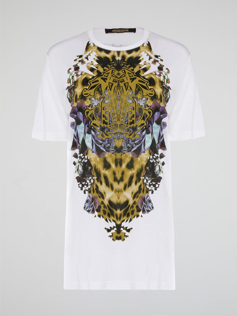 Elevate your casual style with the White Printed Oversized T-Shirt from Roberto Cavalli. Made with premium cotton fabric, this tee features a bold and eye-catching print that will set you apart from the crowd. Whether you dress it up with heels or keep it cool with sneakers, this statement piece is a must-have for your wardrobe.