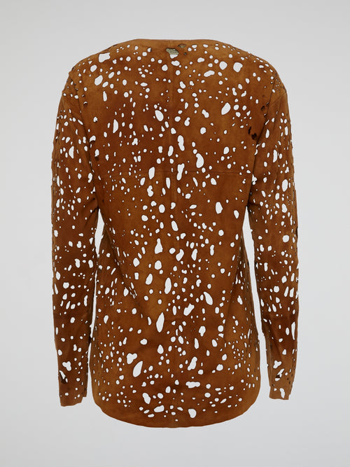 Step up your style game with this Roberto Cavalli Brown Perforated Long Sleeve Top, designed to make a statement wherever you go. The intricate perforated detailing adds a touch of edge to this classic silhouette, perfect for adding a touch of sophistication to any outfit. Elevate your wardrobe with this must-have piece that combines high-fashion with everyday luxury.