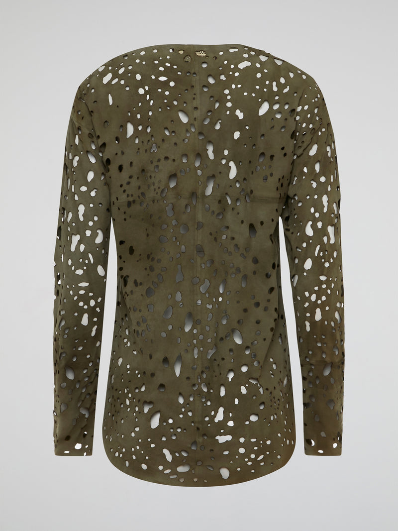 Elevate your casual look with this effortlessly chic Green Perforated Long Sleeve Top from Roberto Cavalli. The intricate perforated detailing adds a touch of edge and sophistication to a classic silhouette. Crafted from luxurious materials, this top ensures both style and comfort for any occasion.