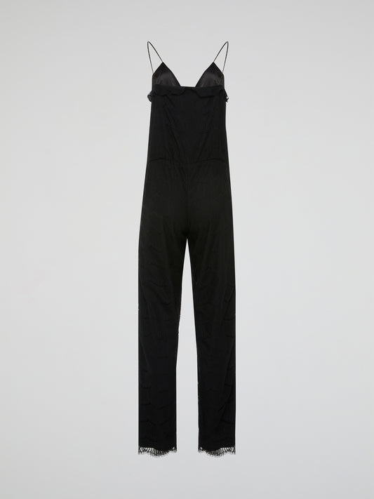 Step out in style and turn heads with our Black Lace Trim Jumpsuit by Joy Cioci. This chic and sophisticated piece features delicate lace detailing that adds a touch of elegance to your look. Whether you're dressing up for a night out or a special occasion, this jumpsuit is sure to make a statement.