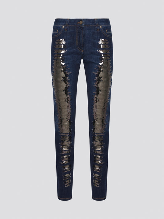 Sparkle and shine in style with these navy sequin embellished jeans by Roberto Cavalli. With a touch of glam and a hint of luxury, these jeans are perfect for adding a touch of sophistication to any outfit. Stand out from the crowd and make a statement with these dazzling denim pants.