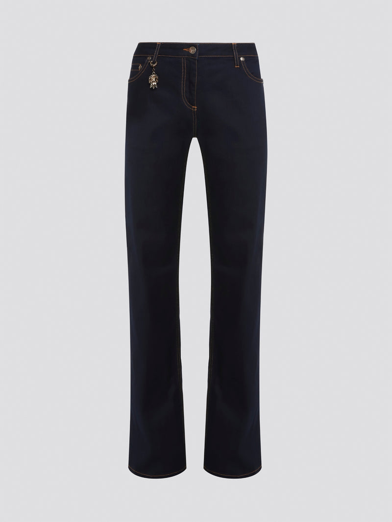 Step up your denim game with Roberto Cavalli's Navy Contrast Stitch Jeans. These sleek, stylish jeans feature a classic navy wash with contrasting white stitching for a bold, eye-catching look. With their slim fit and high-quality construction, these jeans are sure to become a staple in your wardrobe.