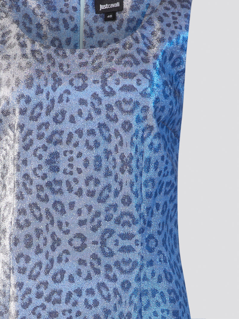 Unleash your wild side in this fierce Blue Leopard Print Sheath Dress from Just Cavalli. The bold blue color and striking leopard print pattern make this dress a standout piece for any occasion. With its figure-hugging silhouette and confident attitude, you'll feel like the queen of the concrete jungle in this stunning dress.