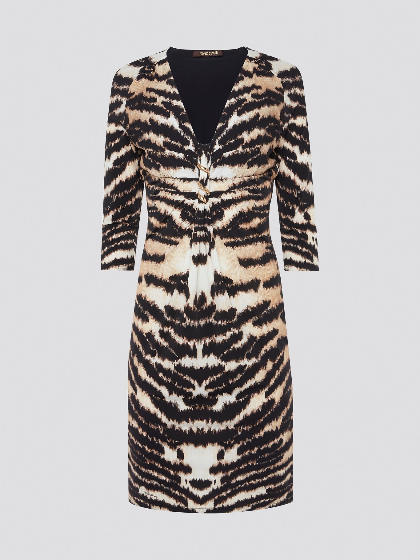 Step into the wild side with this alluring brown animal print plunge dress by Roberto Cavalli. The sleek silhouette perfectly accentuates your curves while the striking print adds a touch of bold elegance. Whether you're hitting the town or attending a special event, this dress is sure to turn heads and make a statement.