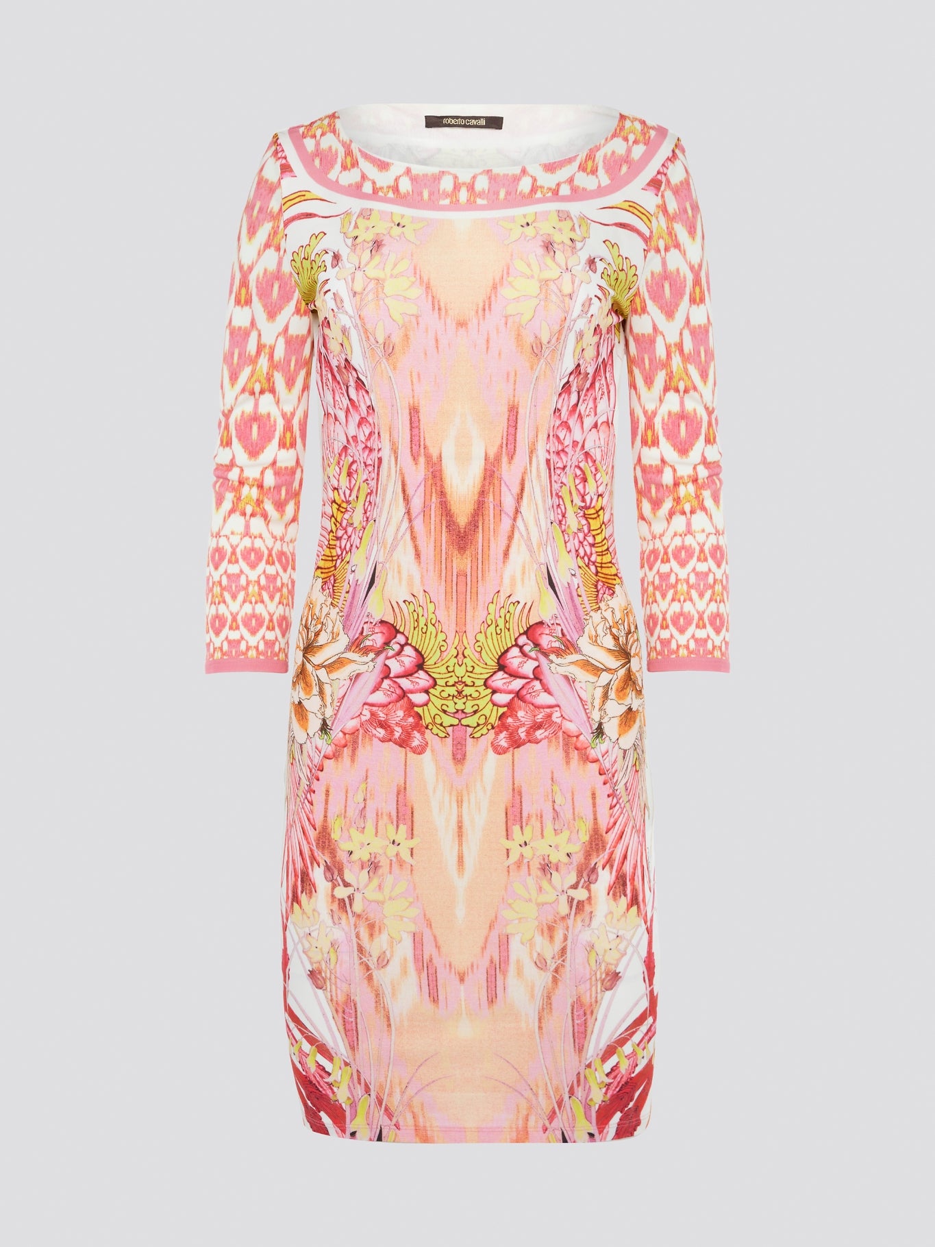 Step into the spotlight with the Pink Printed Long Sleeve Dress by Roberto Cavalli. This stunning piece features a vibrant pink hue and intricate printed detailing that is sure to turn heads. With its flattering silhouette and long sleeves, this dress is perfect for making a statement at any special event.