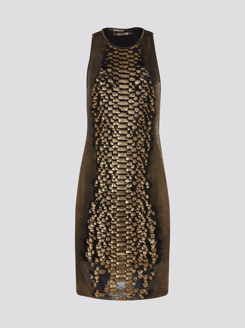 Step into the wild side with the Gold Reptilian Bodycon Dress from Roberto Cavalli. This eye-catching silhouette is adorned with a luxurious reptile print that will turn heads wherever you go. Perfect for a night out on the town, this dress is sure to make you feel like a dazzling diva.