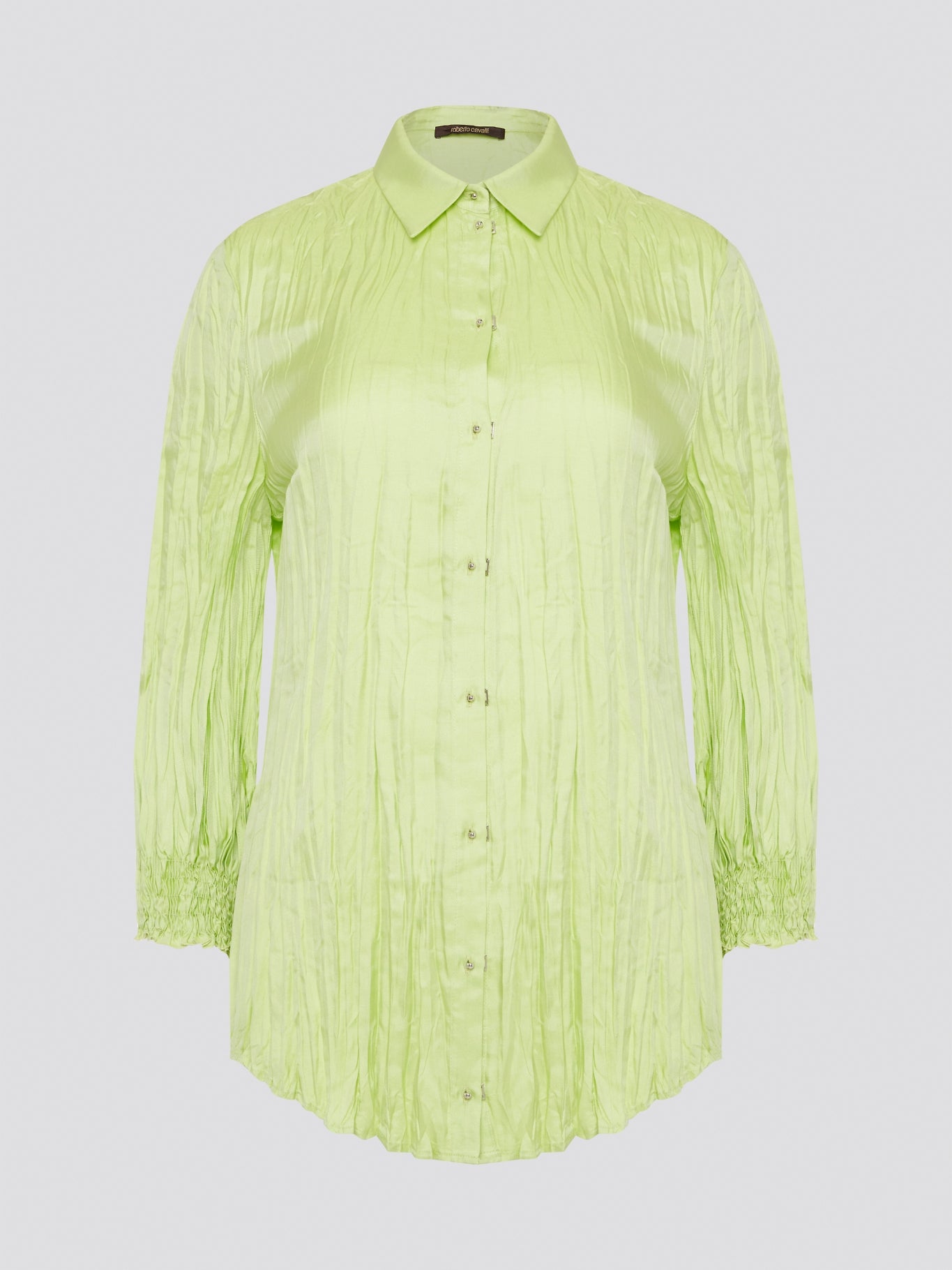 Step into the wild side with this striking green crinkled shirt from Roberto Cavalli. The vibrant hue and unique texture of the fabric will ensure you stand out from the crowd wherever you go. Embrace your fearless fashion sense and unleash your inner style icon with this must-have statement piece.