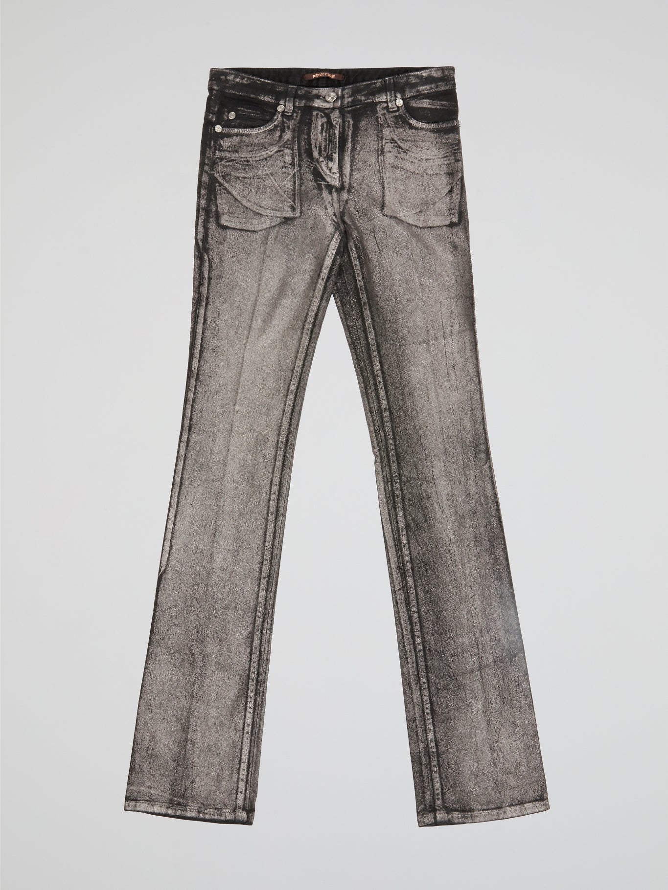 Add a touch of retro glam to your wardrobe with these Grey Acid Wash Flared Jeans by Roberto Cavalli. The unique acid wash design gives these jeans a modern edge, while the flared silhouette adds a hint of 70's flair. Perfect for pairing with a graphic tee and platform heels for a trendy, statement look.