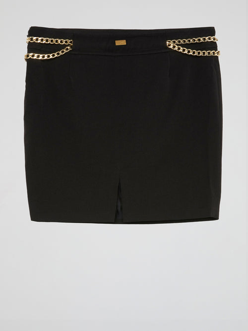 Black Luxe Chain-Embellished Mini Skirt