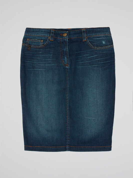 Blue Denim Pencil Skirt with Faded Detailing