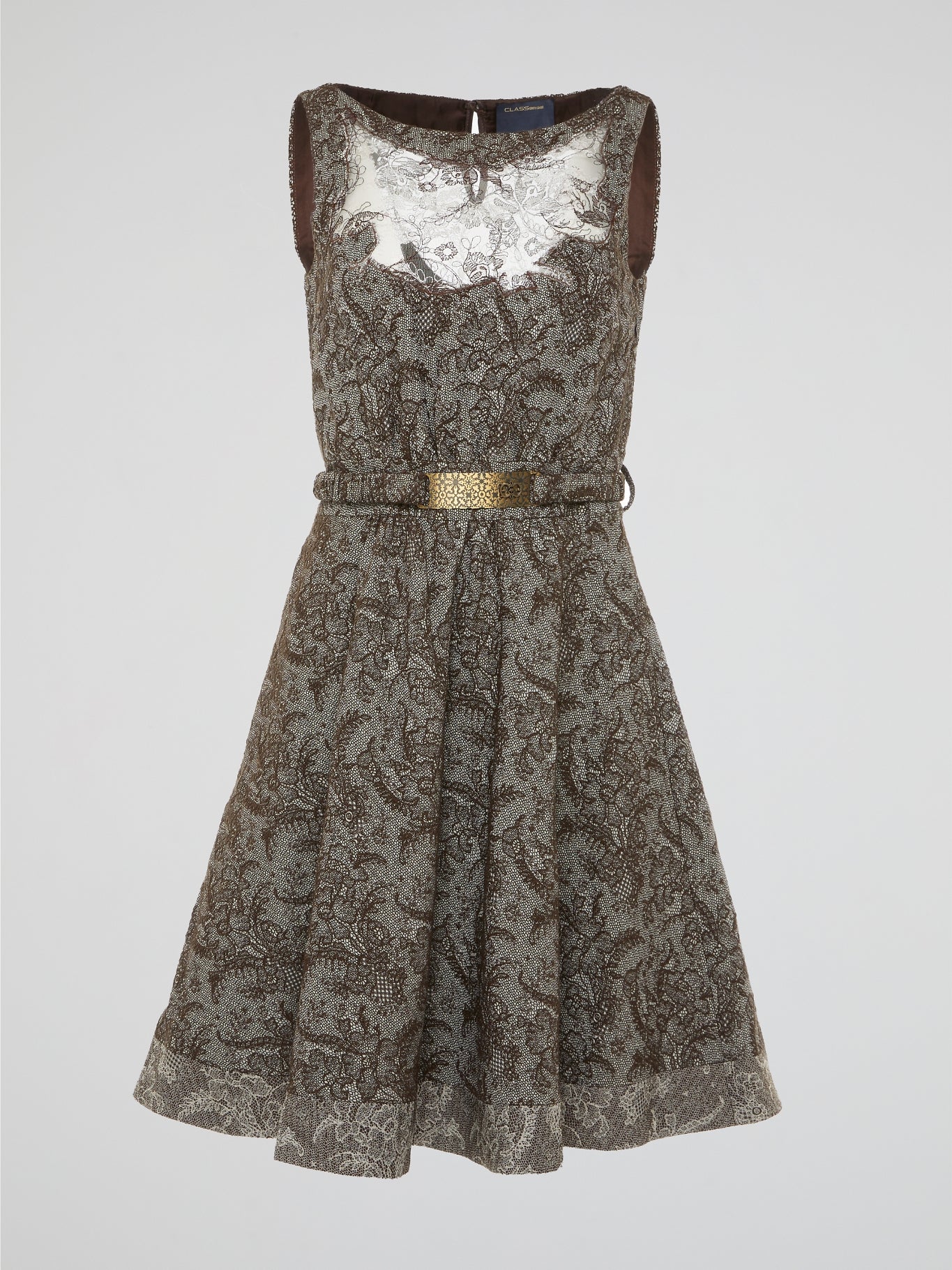 Brown Vintage Lace Overlay A-Line Dress with Metallic Accents