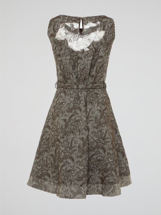 Brown Vintage Lace Overlay A-Line Dress with Metallic Accents