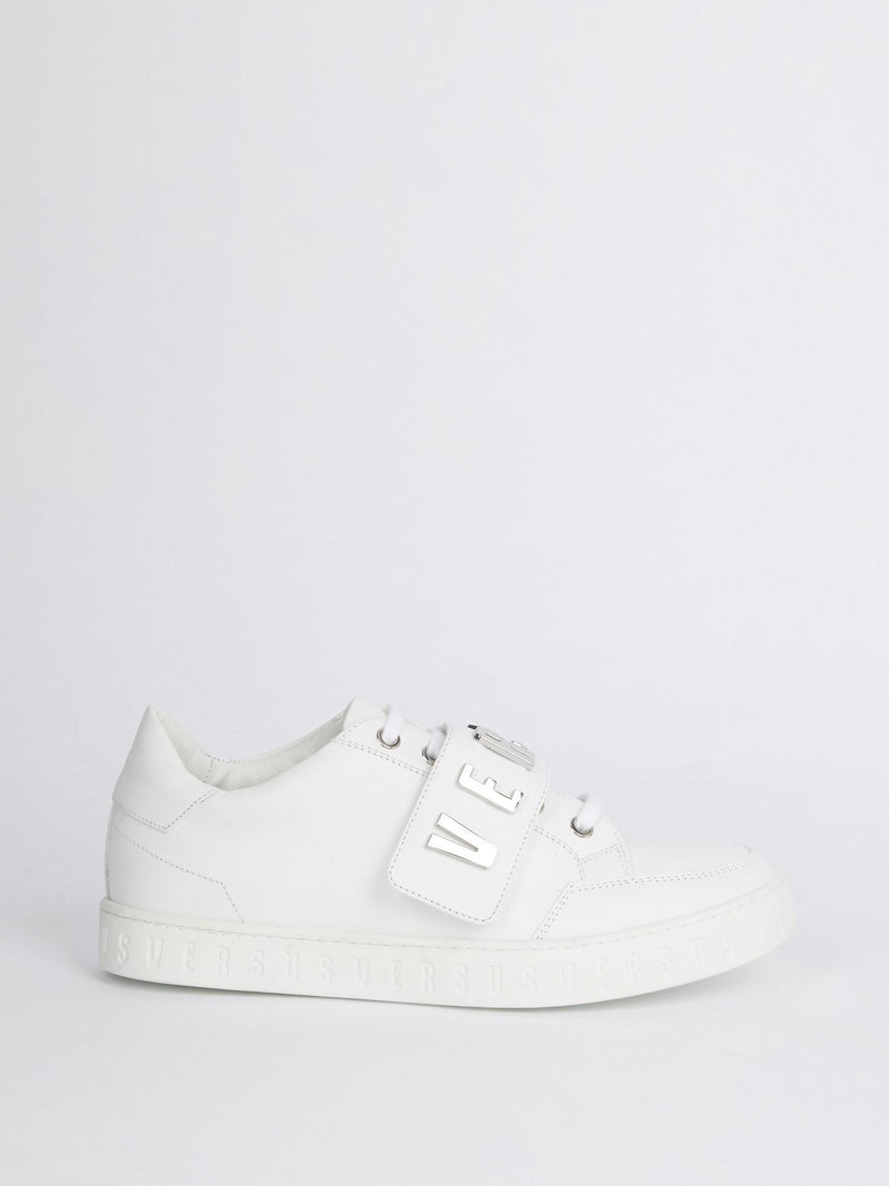 White Low Top Silver Logo Sneakers