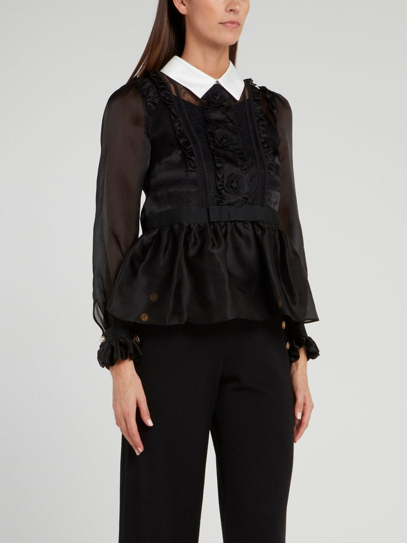 Black Lace Panel Peplum Blouse