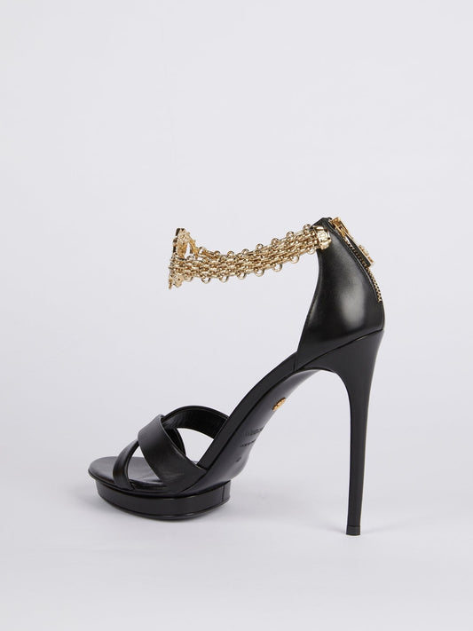 Black Monogram Link Ankle Strap Sandals