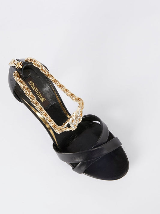 Black Monogram Link Ankle Strap Sandals