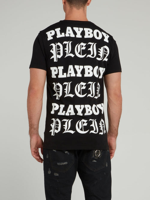 Black Playboy Graphic Print Embellished T-Shirt