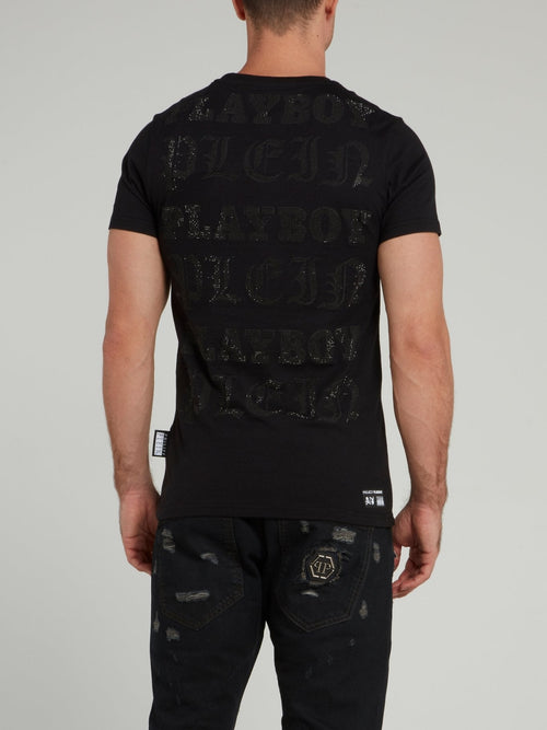 Black Playboy Print Round Neck T-Shirt