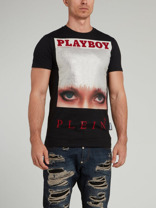 Black Playboy Print Round Neck T-Shirt