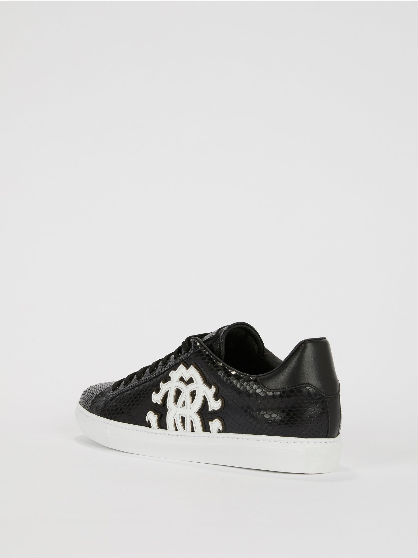 Black Snake Skin Textured Logo Sneakers