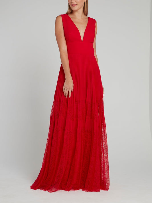 Red Pleated Lace Panel Maxi Dress