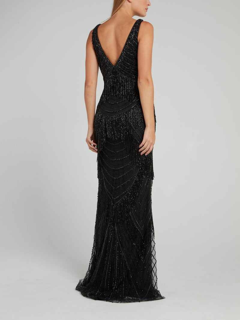 Black Beaded V-Neck Dress