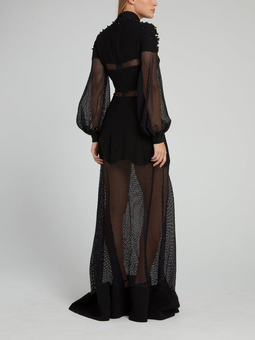 Black Net Mesh Embellished Maxi Dress