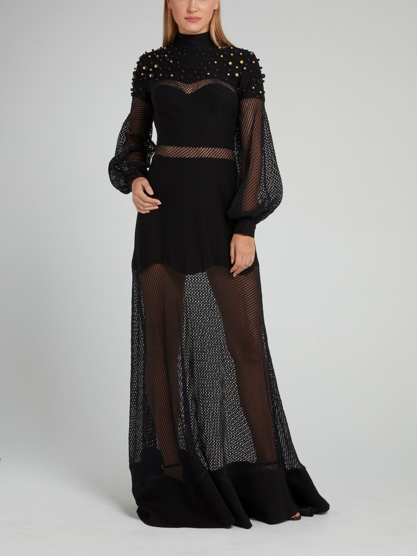 Black Net Mesh Embellished Maxi Dress