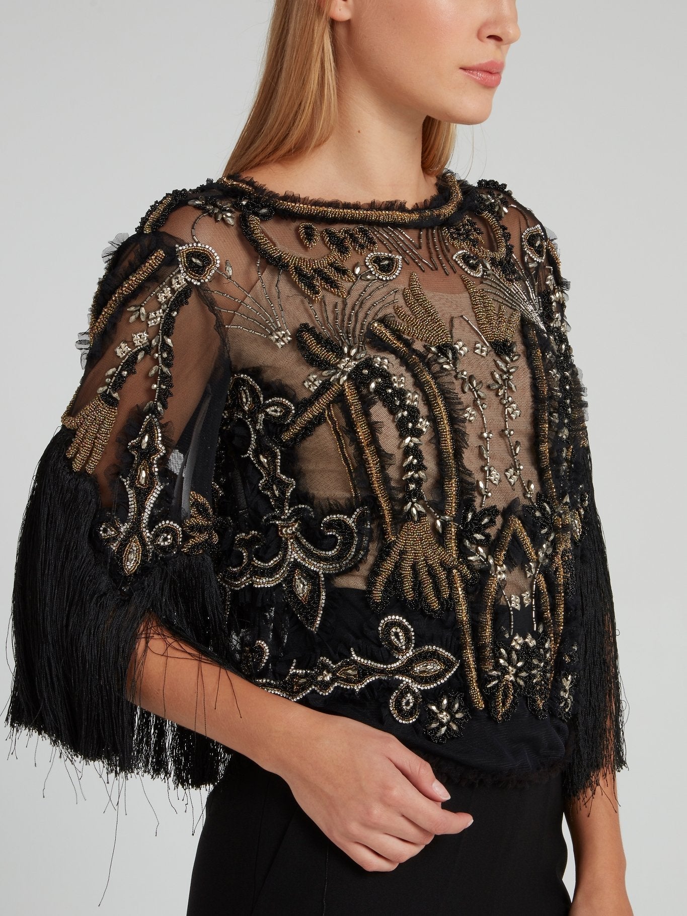 Black Fringe Sleeve Beaded Top