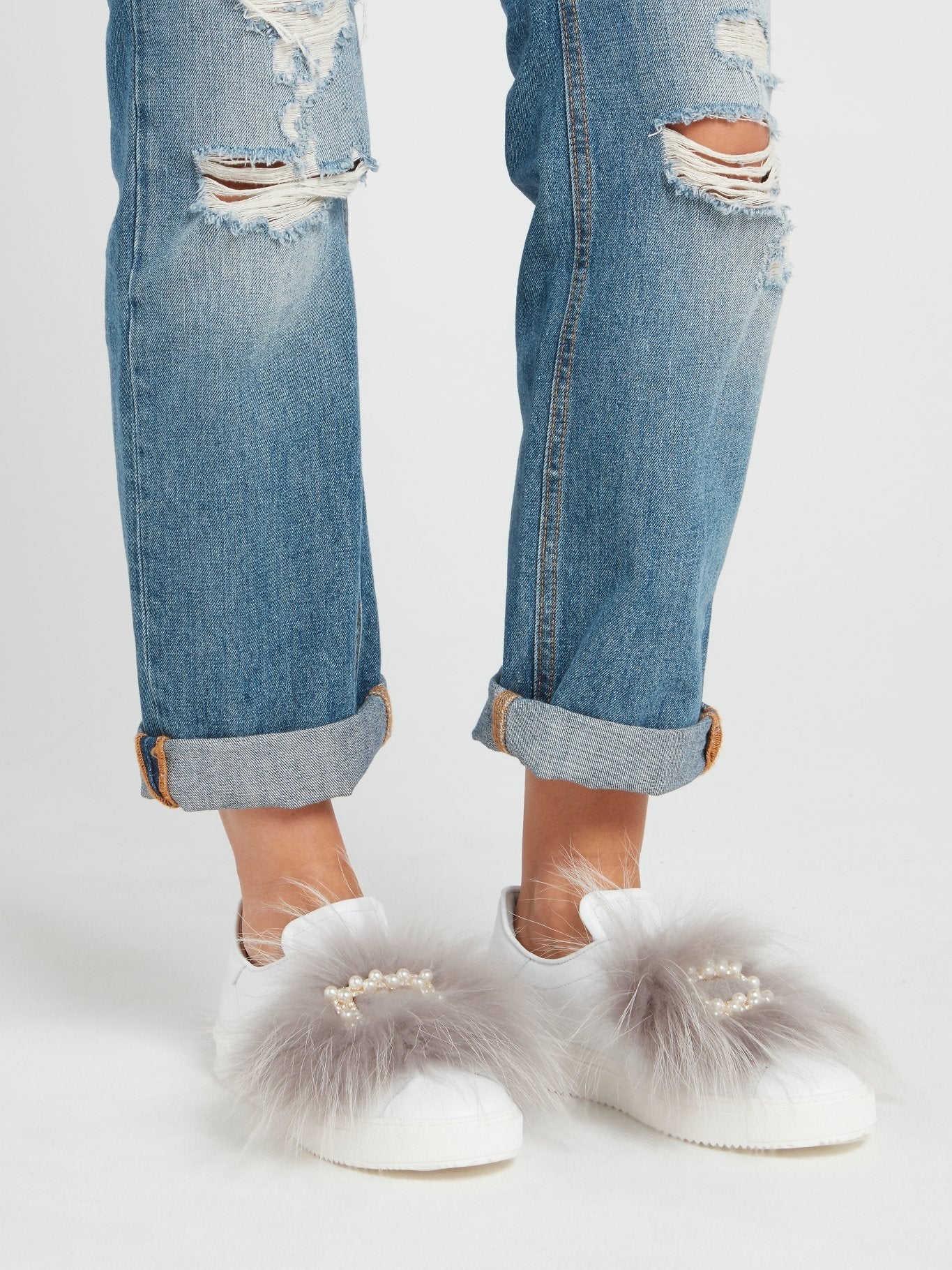 Pearl Embellished Fur Slip On Sneakers