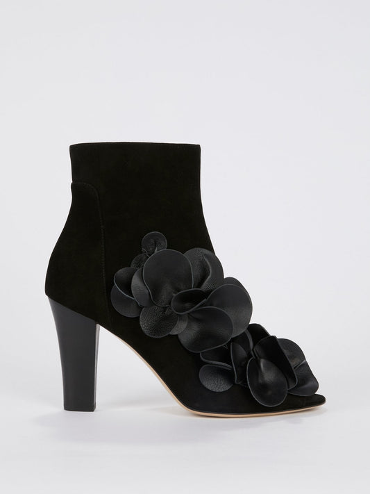 Black Flower Embellished Ankle Boots