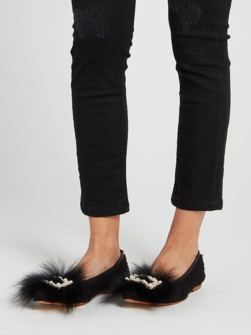 Black Embellished Sheep Fur Loafers