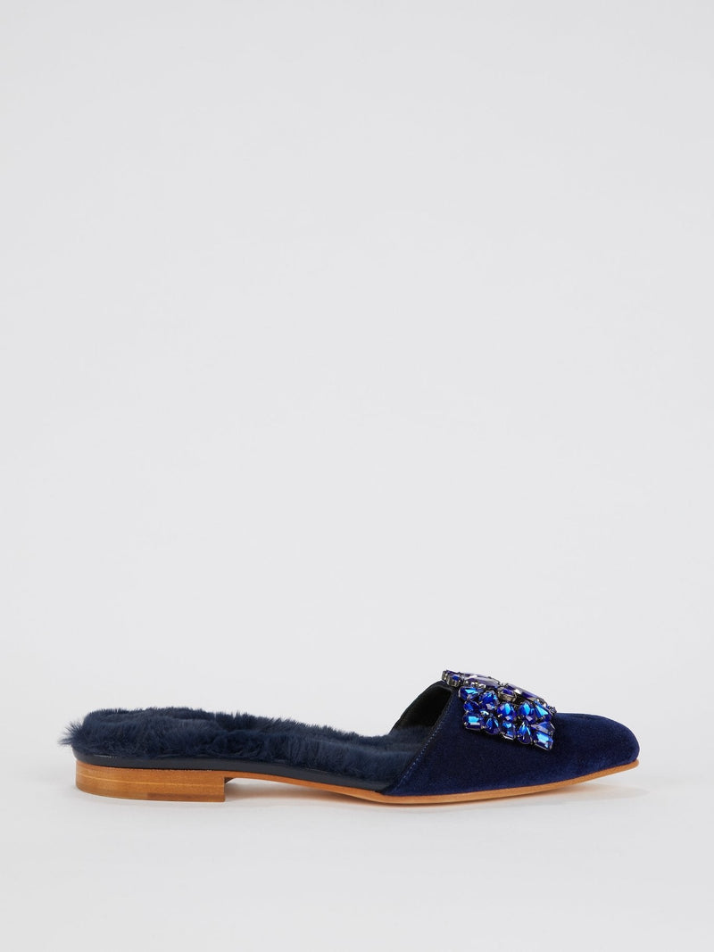 Navy Crystal Embellished Velvet Fur Mules